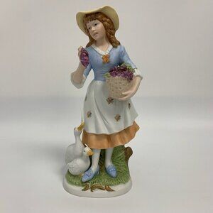 Vintage homco porcelain figurine Lady with Grape basket and ducks in A Hat